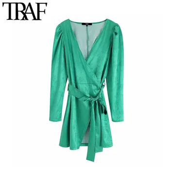 

TRAF Women Vintage Stylish Soft Touch Bow Tie Sashes Wrap Mini Dress Fashion V Neck Long Sleeve Female Dresses Vestidos Mujer