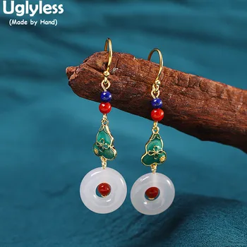 

Uglyless 100% Natural Hetian Jade Peace Buttons Dangle Earrings for Women Enamel Gourd Earrings 925 Silver Ethnic Dress Jewelry