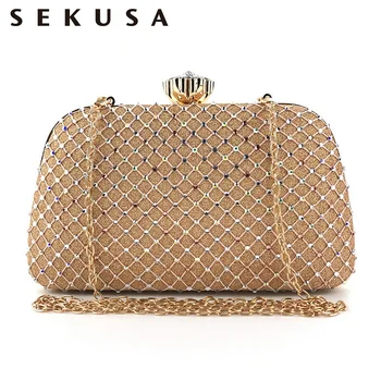 

SEKUSA Hollow out style metal golden evening bags wedding bridal handbags shoulder chain party dinner purse