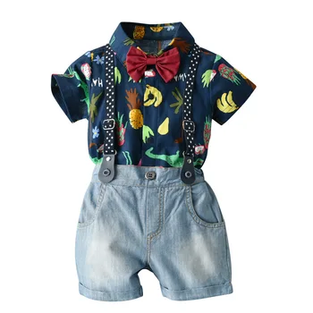 

Baby romper Clothes for Newborn Boys Printed Suit Short-sleeve Romper + Denim Shorts + Stars Belt 4PCS Children Casual Outfits