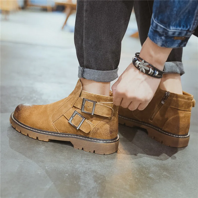 

Fashion Leisure Men Boots Ankle Round Toe Buckle Punk Motorcycle Boots Low Winter Casual Lace up Outdoor Shoes