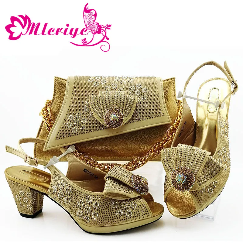 

latest gold Italian Shoes with Matching Bag Italian Design African Nigeria Shoes and Bag Set for Parties