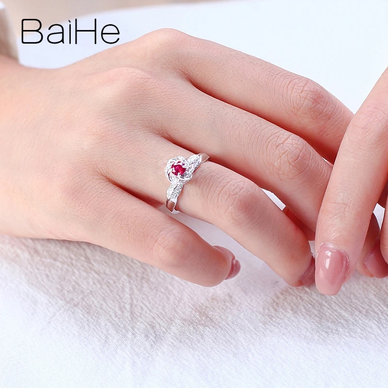BAIHE Твердое 14 к белое золото 0.28ct круглый натуральный рубин 0.25ct натуральные бриллианты свадебные женские модные подарок цветок красивое кольцо