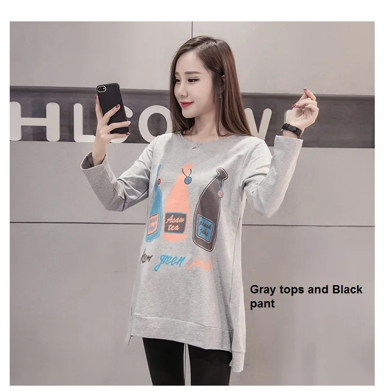 Весна, модные костюмы для беременных, футболки+ штаны для живота, Спортивная повседневная одежда для беременных женщин, осенняя одежда для беременных - Цвет: tops and Black pant