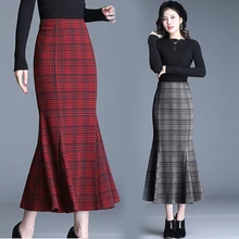 Весна и осень новая высокая талия шерстяная Женская рыбий хвост клетчатая юбка с подкладкой Удобная Сексуальная юбка размера плюс красный серый
