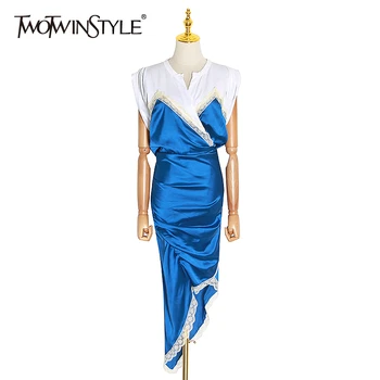 

TWOTWINSTYLE Elegant Hit Color Dress Female V Neck Sleeveless High Waist Irregular Hem Parchwork Lace Women Dresses Fashion Tide