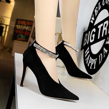

Women pumps Elegant pointed toe Thin high heels Shallow buckle strap Office ladies shoes Woman Suede shoes V Word mouth CRYSTAL