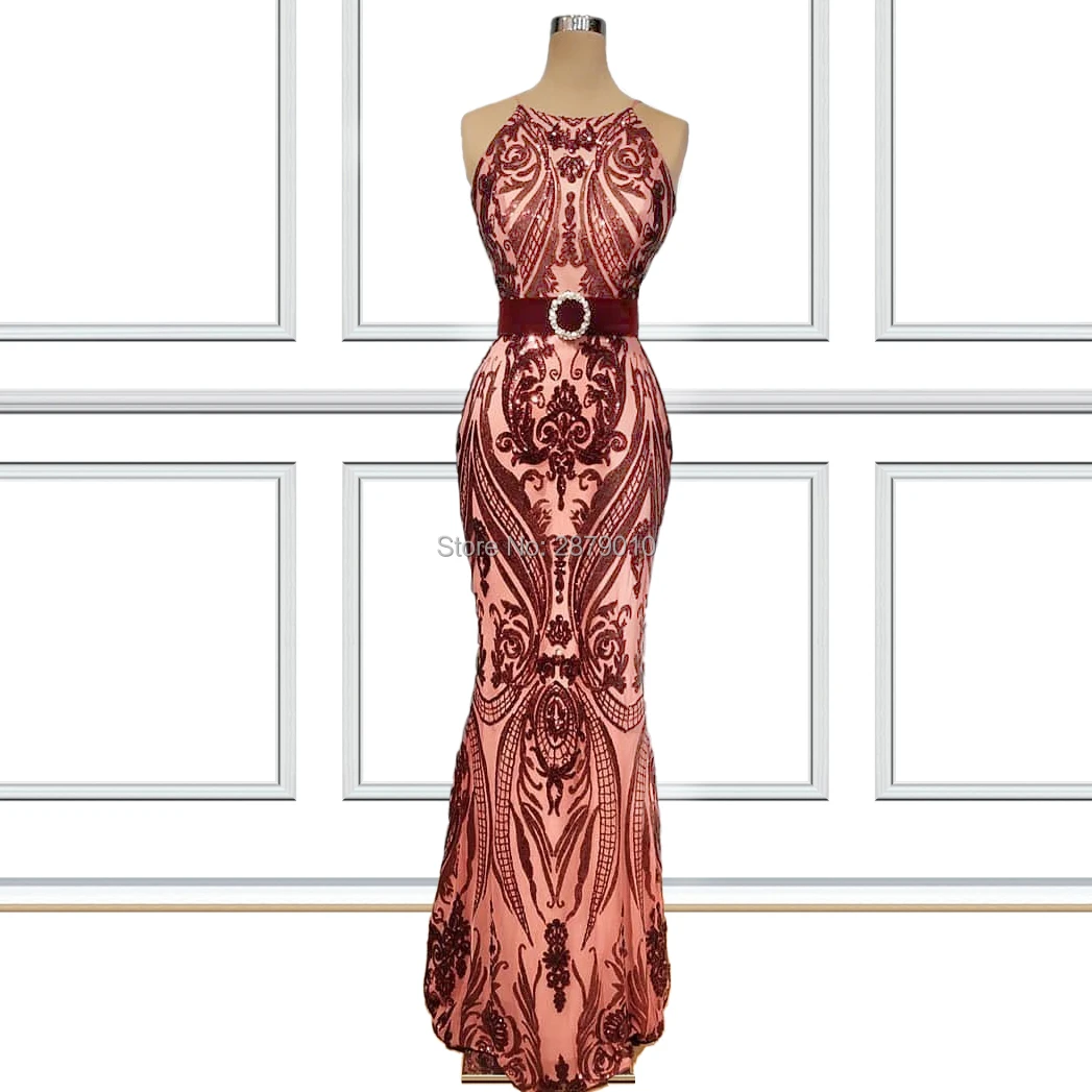 2019 Coral Halter Mermaid/Trump Long Evening Dress Sleeveless Satin Floor-length Metal Spraying Beaded Prom Dress Formal Zipper