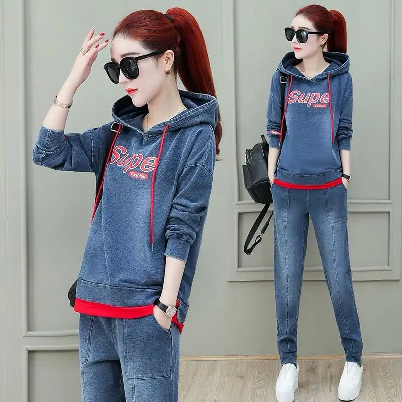 

Tracksuit For Women 2019 Autumn Womens Loose Large Size Hooded Tops+Denim Pants Suit Female Plus Size Fashion 2 Piece Sets M-3XL