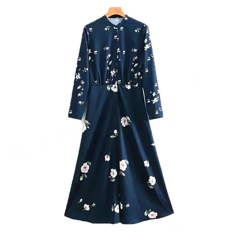 Summer Za Blue Office Woman Dress 2020 Long Sleeve Floral Maxi Dresses O-neck Pleated Gathered Waist Ladies Draped Dress Vintage
