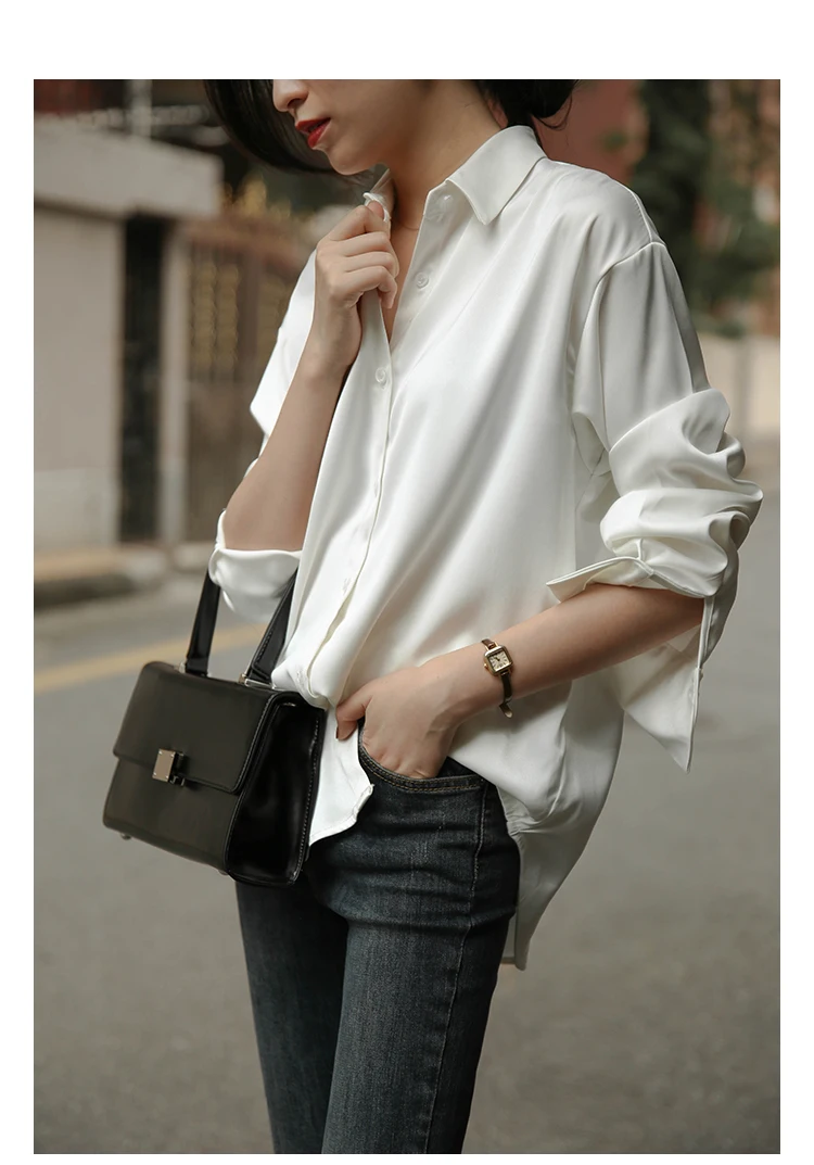 

Women Blouses Fashion Satin Blouse Elegant V Neck Office Lady Top Casual Long Sleeve Button Shirt Tops Chemise Femme