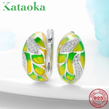 

Genuine 925 Sterling Silver earrings for women Delicate Green Yellow Enamel with Flower Cubic Zirconia Handmade Earrings