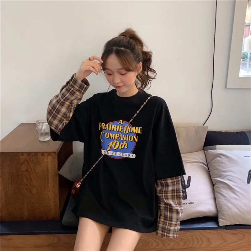 Корейский ins Harajuku винтажный BF письмо поддельные два с длинными рукавами толстовки женский Принт СВОБОДНЫЙ Модный пуловер женский свитер