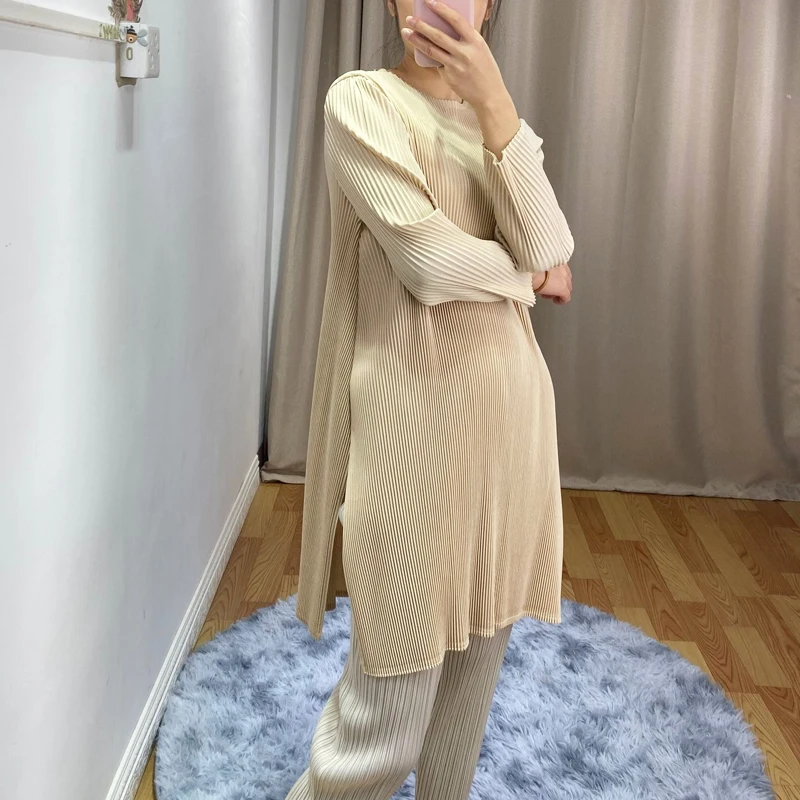 Весна Miyak Fold длинный рукав женская футболка модная большой размер свободные и тонкие плотные футболки с завязками