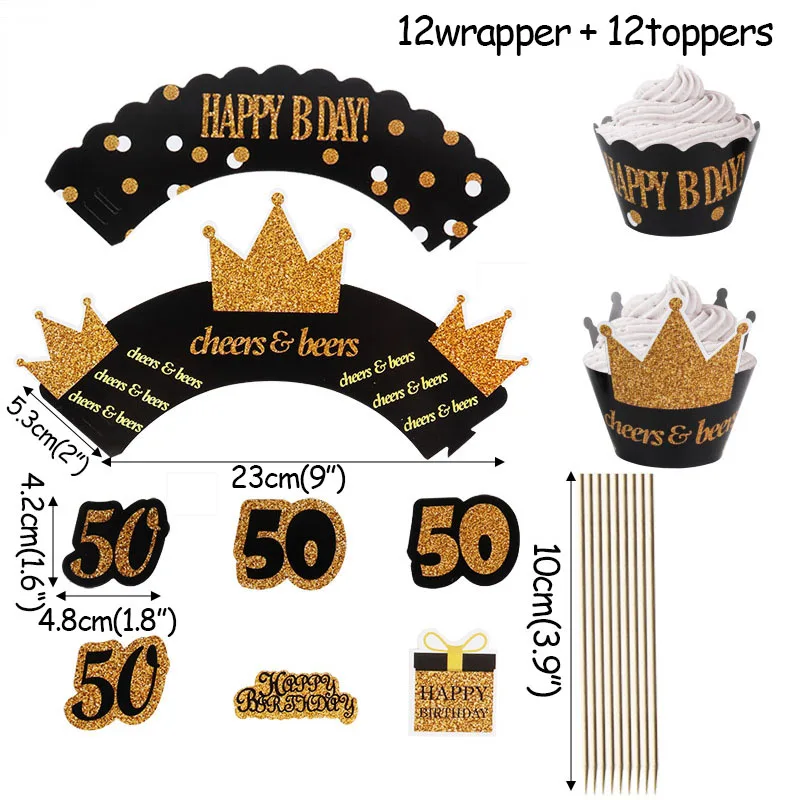 50 set 1 комплект золотые обертки для кексов Топпер для торта 30th/40th/50th/60th украшения для торта на день рождения украшения для вечеринок - Цвет: 50 set