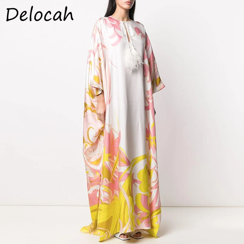 

Delocah Новинка 2021 летнее женское модное дизайнерское богемное праздничное Макси платье с рукавом «летучая мышь» и бантом Длинные платья с принтом размера плюс халат