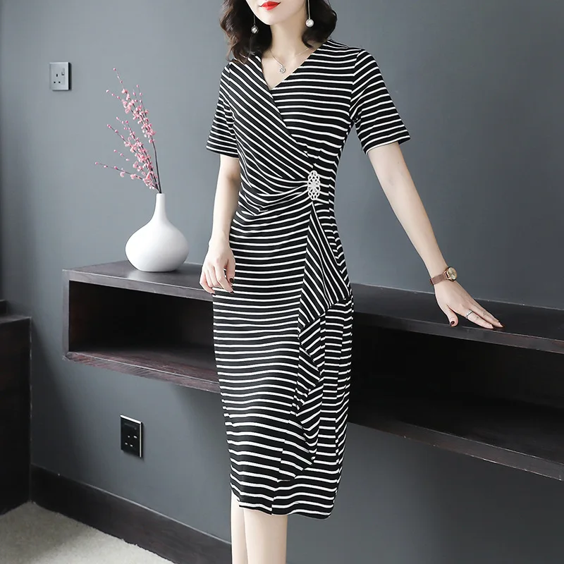 

2019 Summer New Style Casual Versatile Irregular Stripes Waist Hugging Slimming Elasticity Short-sleeve Dress Women's on Behalf