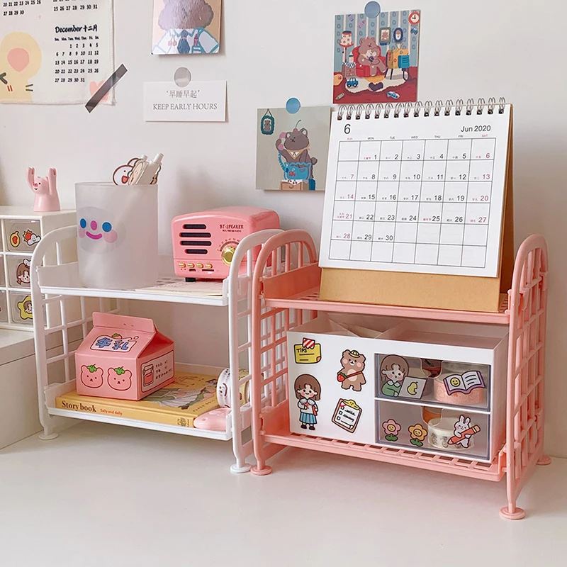 

Cute 2 Tier Folding Storage Rack Holder Cosmetic Jewelry Rack Desktop Bathroom Sundries Notebook Organizer Shelf Desktop Rack