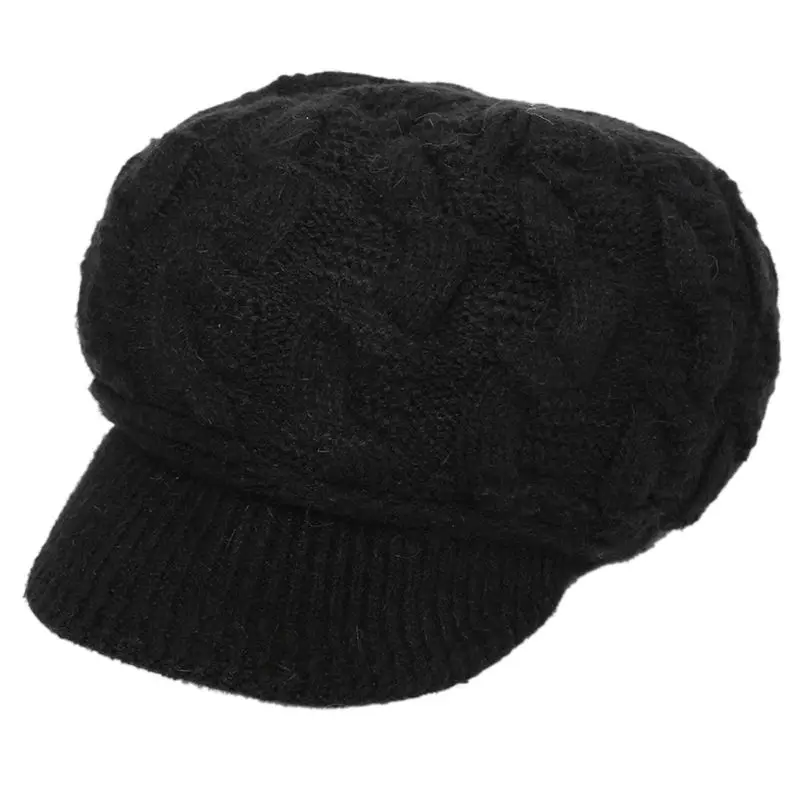 Women Winter Chunky Cable Knit Beret Cap with Visor Lady Casual Soft Plush Ski Beanie Hat Female Solid Color Outdoor Hat - Цвет: Черный