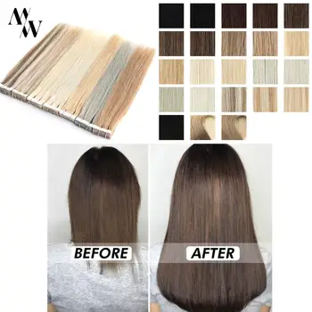 

MW Tape In Human Hair Extensions Skin Weft Blonde Black Natural Hair Machine Remy Straight Hair Invisible On Adhesives 12"-24"