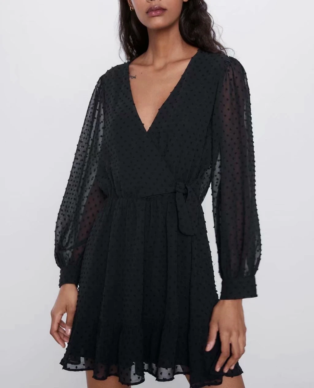 Черное классическое стильное модное платье из сетчатой ткани с длинным рукавом элегантное платье с v-образным вырезом одежда для вечеринок