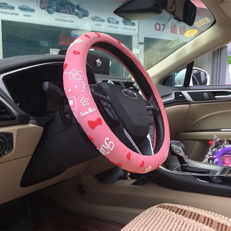 Розовый Автомобильный чехол hello kitty из натурального каучука, дышащий руль 38 см, автомобильные аксессуары hello kitty - Название цвета: Розовый