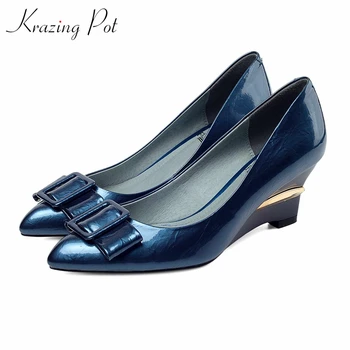 

Krazing pot cow leather pointed toe wedges high heels slip on Autumn Spring big size 43 42 41 butterfly-knot fasteners pumps l16
