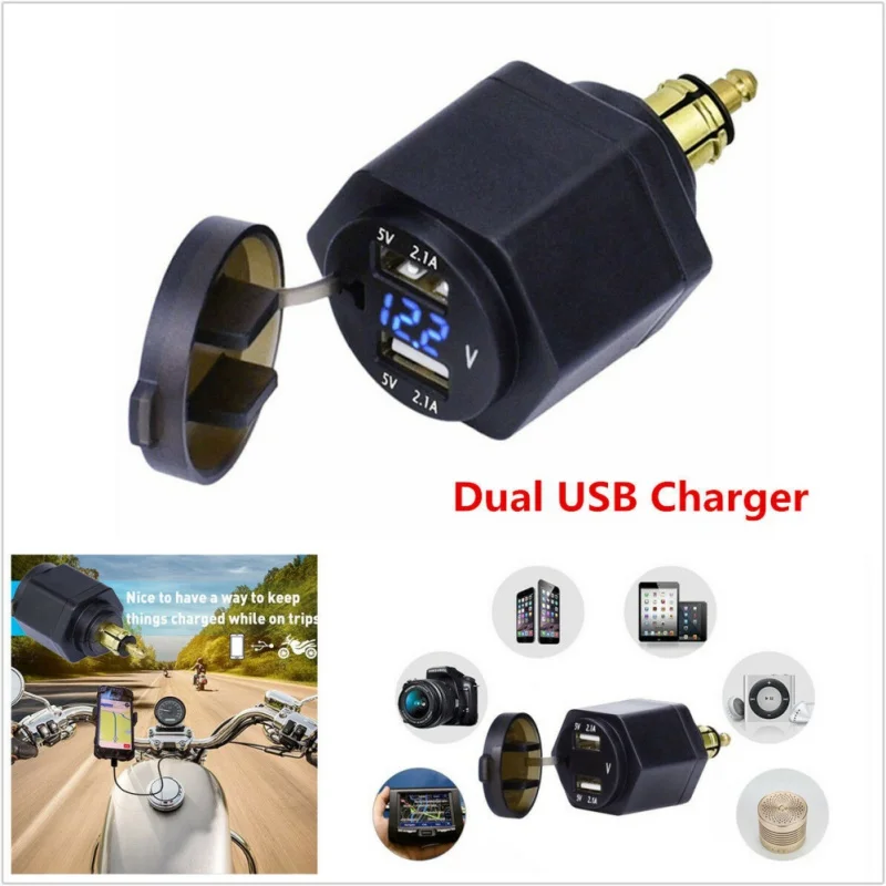 Motorcycle Waterproof Dual USB Charger Power Adapter Digitale Display Plug LED Voltmeter DIN Plug Socket