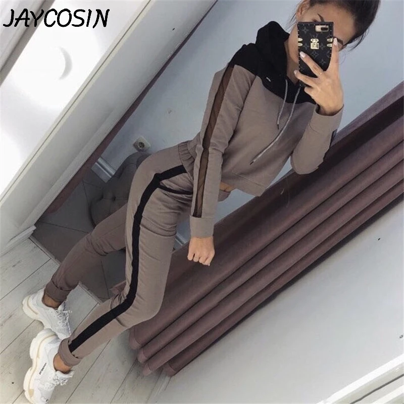 JAYCOSIN женский спортивный костюм, толстовка, спортивный костюм, пэчворк, длинный рукав, с капюшоном, топы, брюки, набор, Повседневный, Женский комплект 2 шт., костюмы a27
