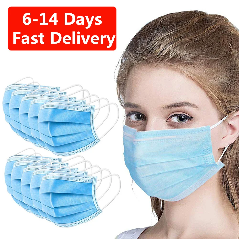 

50pcs Fast Delivery Disposable Face Mask 3 Layer Anti Dust Meltblown Cloth Masks Earloops Blue Masks