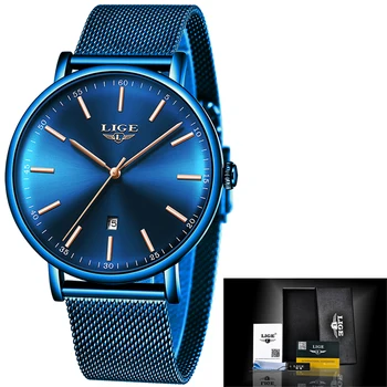 

LIGE Men Sport Wrist Watch Top Brand Luxury Waterproof Ultra Thin Clock Blue Mesh Belt Fashon Casual Quartz Watch Mens Watches