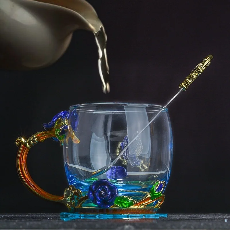 Голубая Роза Хрустальная чашка цветочный чай стекло высокого качества стеклянная чашка для воды кружка в цветочек DDC-46