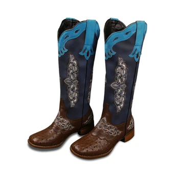 

Knee-high Boots Female Embroider Round Toe Square Low Heels Woman Shoes Sewing Western Casual Winter Women Botas Mujer New 2020