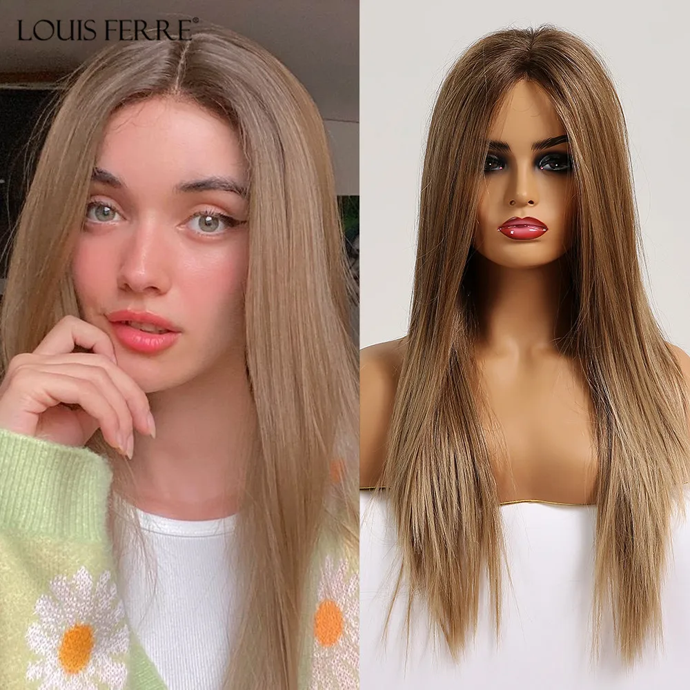 Длинный прямой парик LOUIS FERRE с эффектом омбре светлый на сетке 5*1 T для женщин