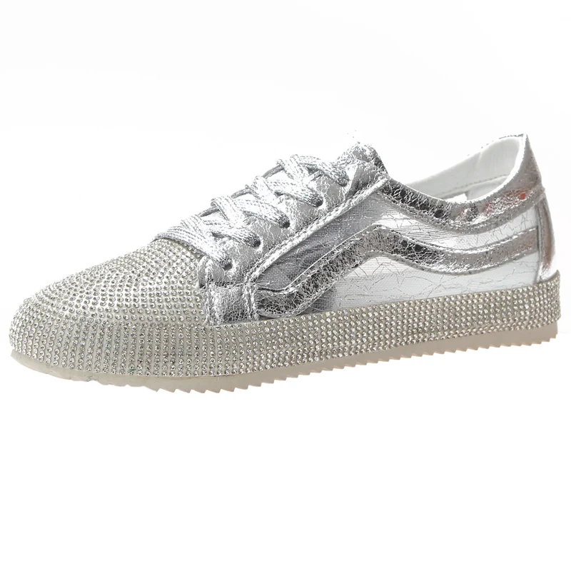 wetry Loafers Women Platform Flats Faux Rhinestone Sneakers Lace-up Silver Solid Creepers Mujer Casual Flat Shoes