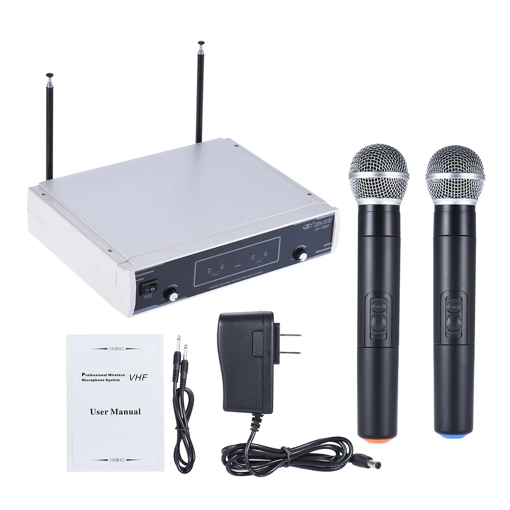 

VHF Wireless Mic System Dual Channels LCD Display Receiver 6.35mm Audio Cable Power Adapter for Karaoke Meeting Party