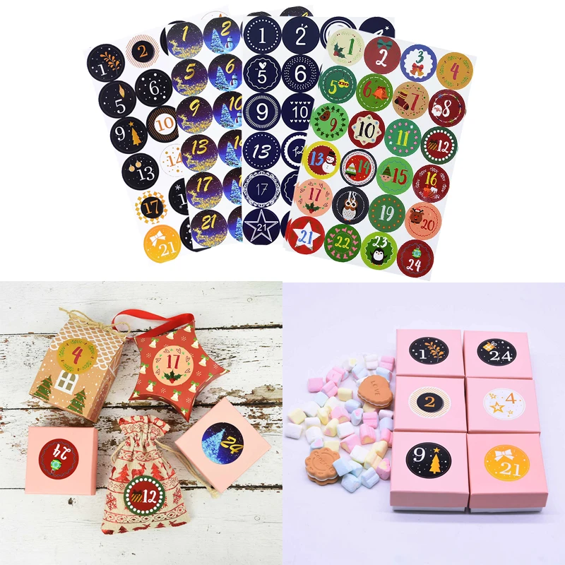 24Pcs Christmas Advent Calendar 1-24 Number Sealing Sticker Multifunctional DIY Candy Cookie Gift Box Packing Labels