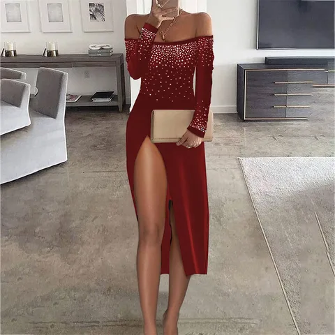 Autumn Women Sexy Rhinestone Strapless Long Sleeve Bright Slim Split Skirt Dress Party Bare Legged Dinner Dress Diamond
