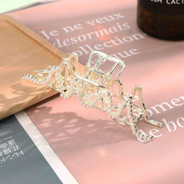 AWAYTR Rhinestone Metal Hair Claw Crab Clip For Women Girls Shiny Barrette Hairpin Crystal Pearl Hair Accessories Jewelry Gift CB0931B 11cm