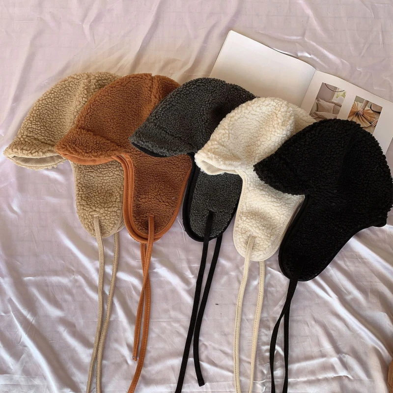 Cute Lamb Wool Earmuffs Hat Women Thickened Thermal Lei Feng Cap Ins Winter ing Cold Protection Hat Men leather bomber cap