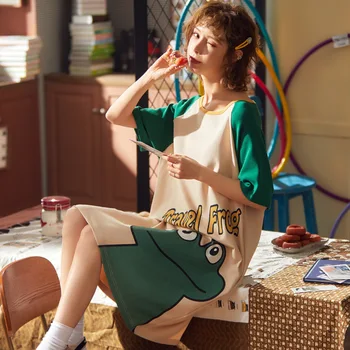 

SleepwearGecelik Summer Cotton Nightgowns for Women Dressing Gown Girls Nightshirts Nightdress Cartoon Short-sleeved Sleepshirt