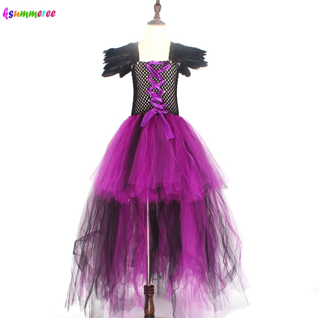Purple Black Children Maleficent Costume Girls Dark Witch Villain Halloween Fancy Tutu Dress Evening Party Carnival Ball Gowns 5