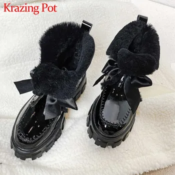 

Krazing Pot super keep warm lace up bowtie cow leather snow boots solid round toe thick bottom winter women cozy ankle boots L28