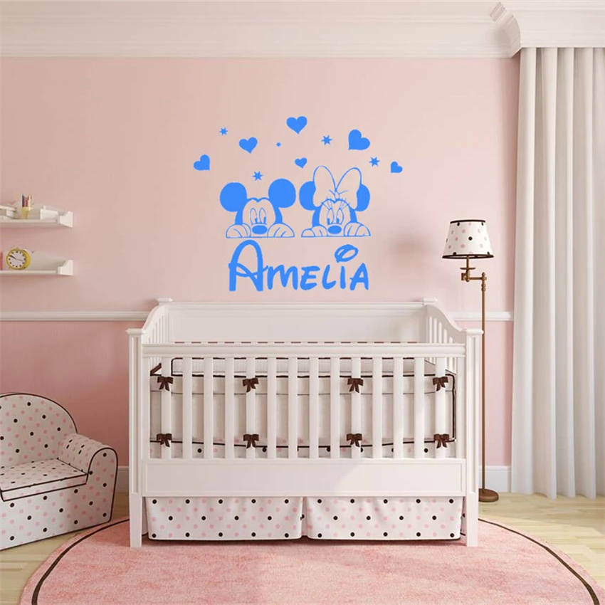 Disney Mickey Minnie mouse custom name wall stickers children's bedroom art decor baby kindergarten wall decals free shipping