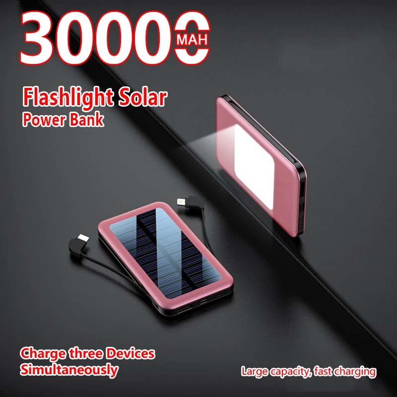 Fast Charger 30000mAh Solar Power Bank Built in Cable LCD Type C Powerbank Portable Charging for Smart Phone | Мобильные телефоны и