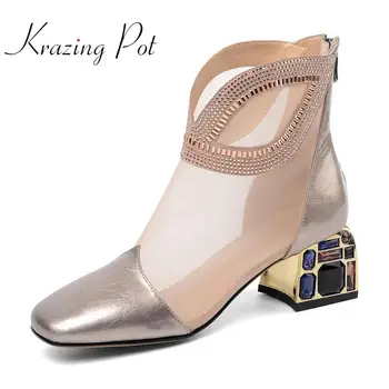 

krazing pot genuine leather air mesh thick metal med heel summer rhinestone decorations square toe recommend ankle boots L1f1