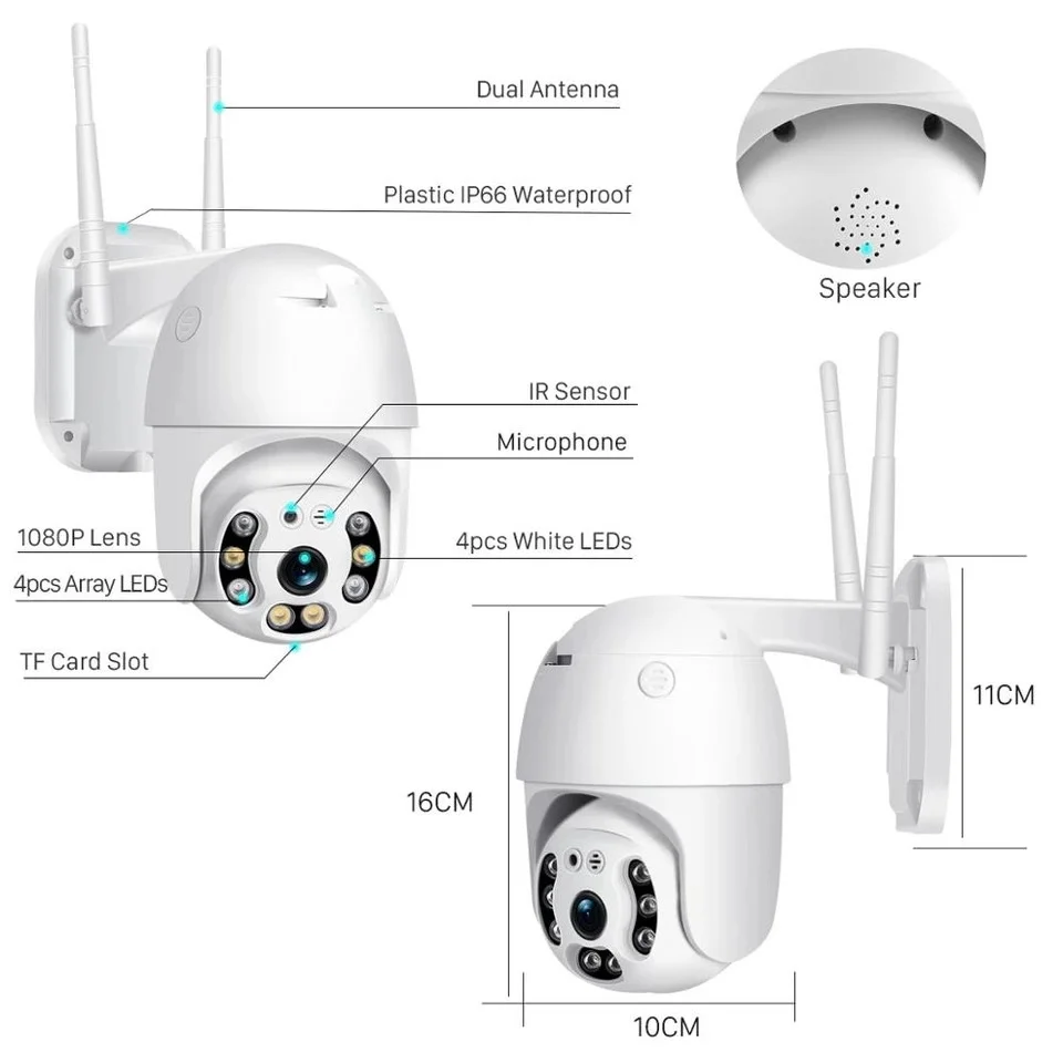 1080P наружная скоростная купольная Wifi камера 2MP H.265 аудио PTZ беспроводная облачно SD
