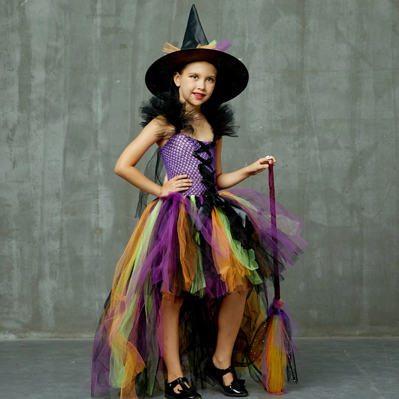 Girls Halloween Witch Tutu Dress Rainbow Trailing Tulle Kids Carnival Cosplay Party Dress Children Fancy Ball Gown Dress Costume (8)