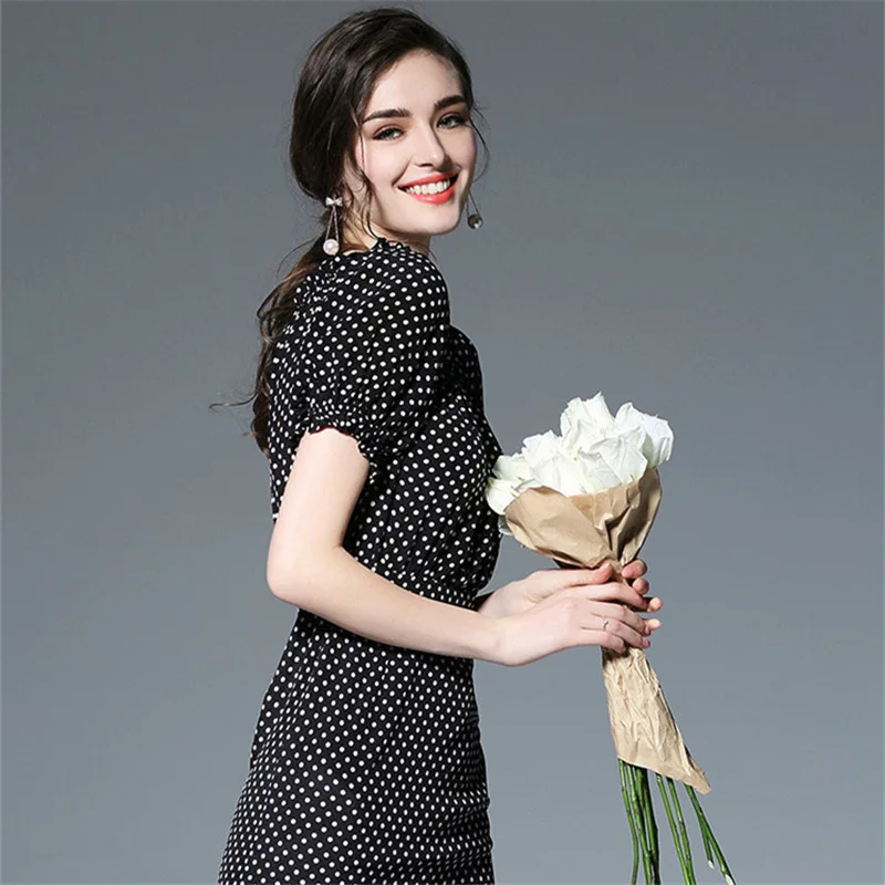 

Spring Summer Dress Slash Neck Lantern Sleeve Women Dress Slik Dot Slim Vestidos Print Ruffles Black Jurkjes CJ088