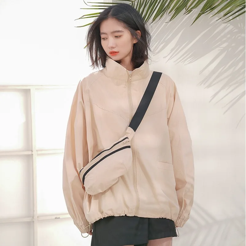 

2020 Spring Women's New Korean Version Simple Solid Color Loose Leisure Jacket Long Sleeve Windbreaker Female With Running Bag
